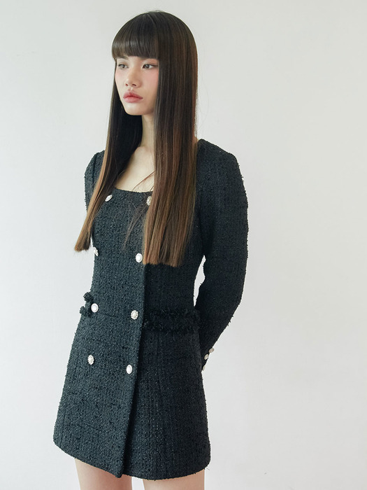 Tweed double button dress (black)