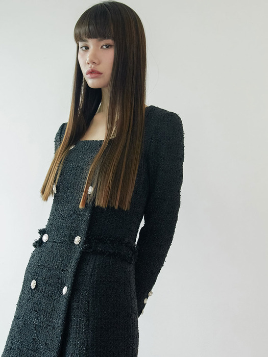 Tweed double button dress (black)