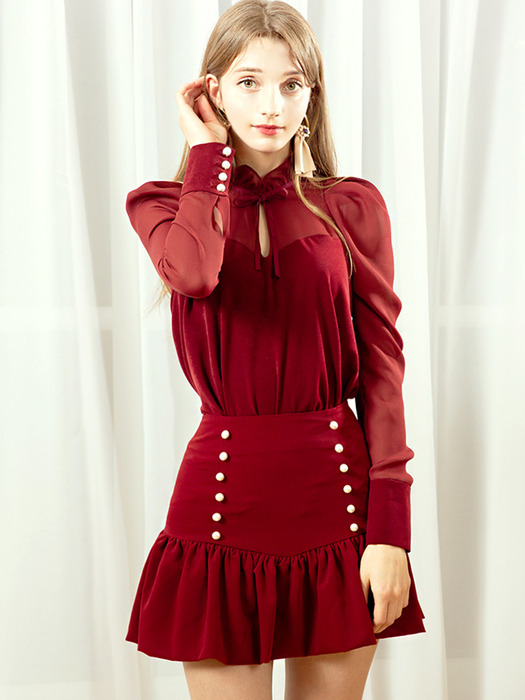 Button Detailed Shirring Skirt Pants in Dried Rose Color