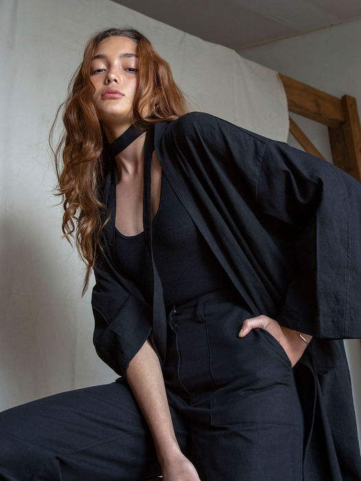 SI OT 4002 Natural Linen Robe_Black