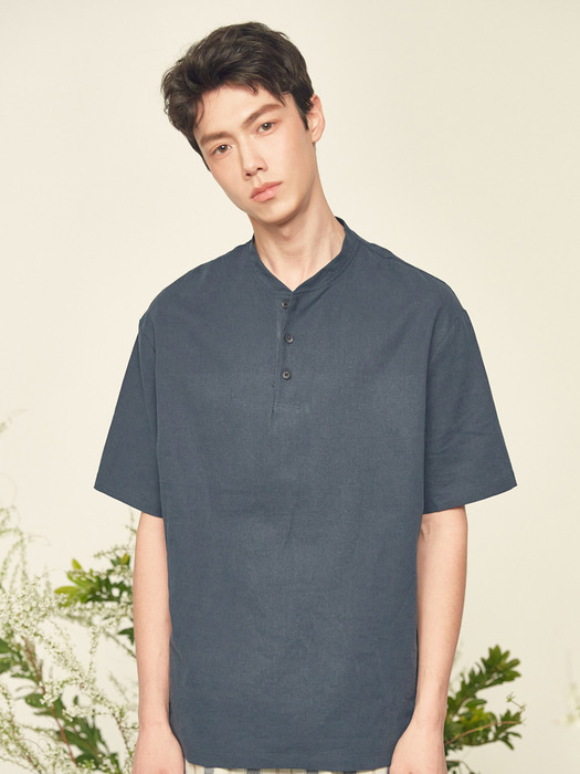 LINEN HENLY NECK SHIRTS , navy
