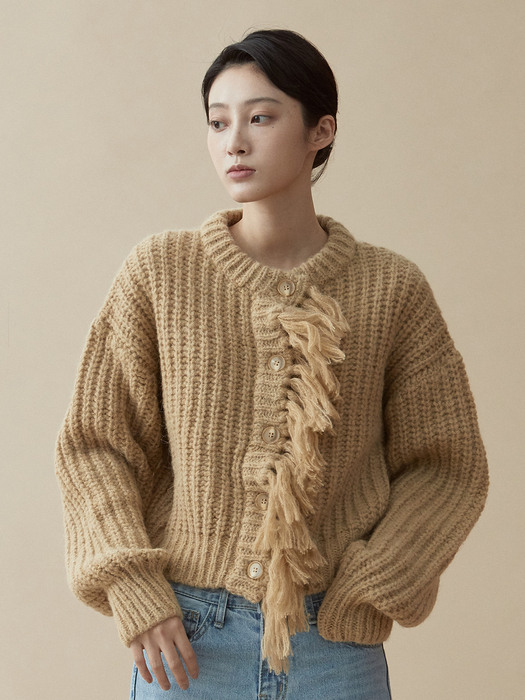 V.fringe knit cardigan (beige)
