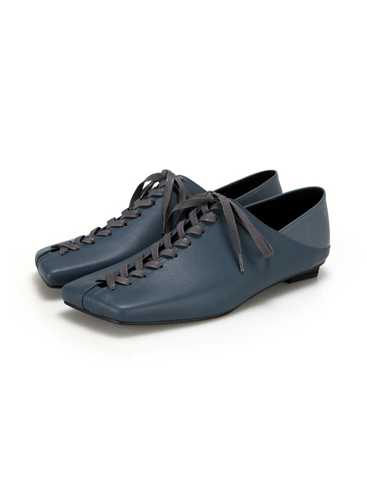 Squared Toe Lace up Flats | Prussian blue