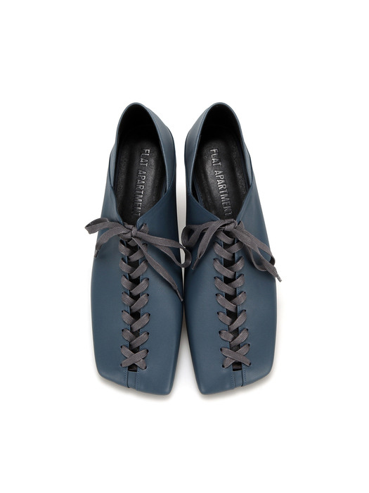 Squared Toe Lace up Flats | Prussian blue