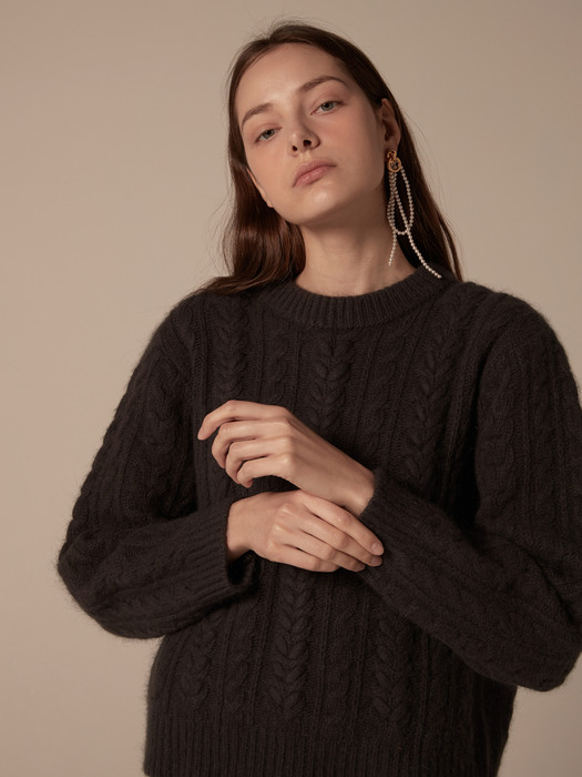 Embroidery cable angora knit pullover - Charcoal