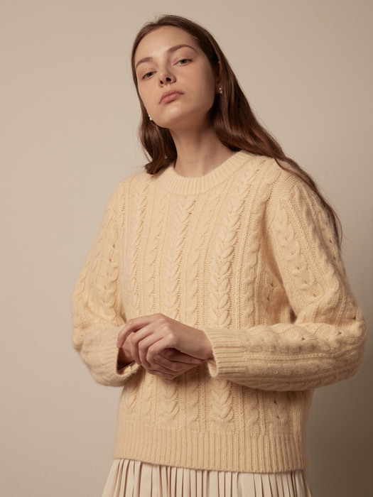 Embroidery cable angora knit pullover - Charcoal