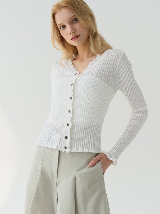 comos512 See-through Frill Cardigan (White)