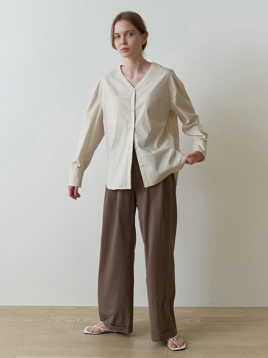 Linen cotton banding wide pants_BROWN