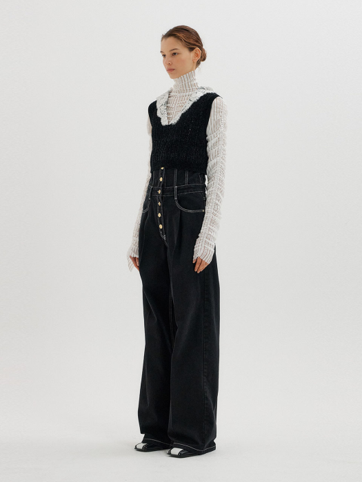TEEN Lace Collared Velvet Knit Vest - Black