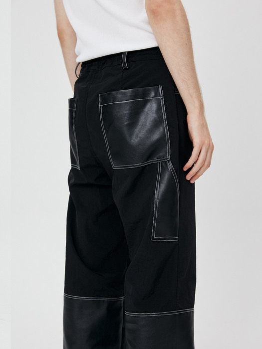 UNISEX, Leather & Nylon String Pants / Black