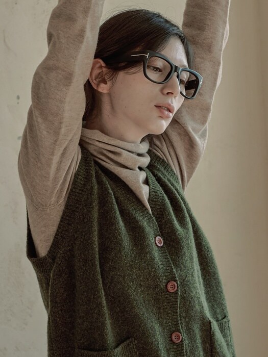 Wool tweed vintage V-neck open vest knit -4color
