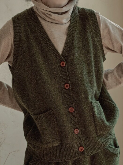 Wool tweed vintage V-neck open vest knit -4color