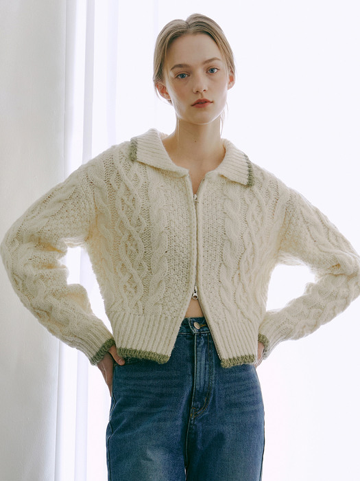 Cable Zip-Up Knit Cardigan, Cream