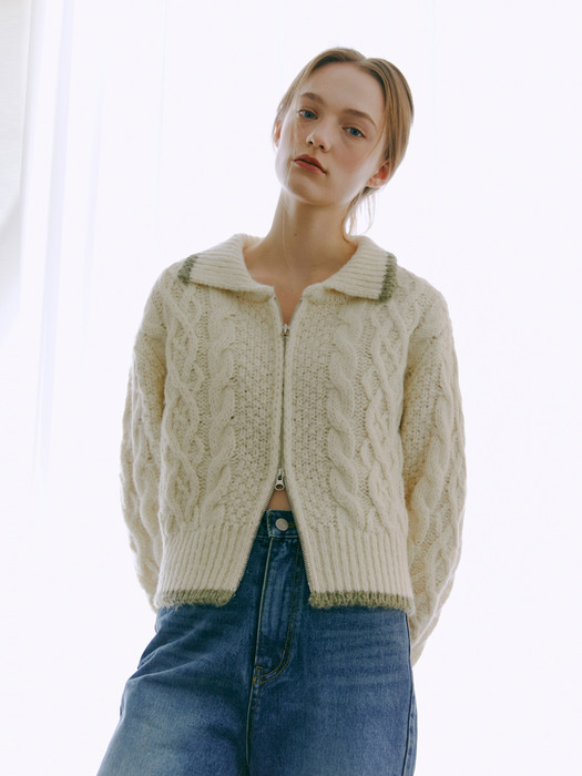 Cable Zip-Up Knit Cardigan, Cream