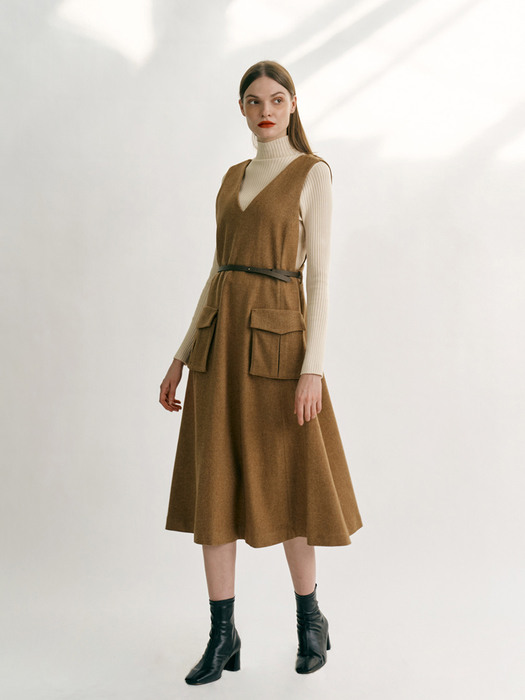 Poche Wool Flare Dress [Brown]