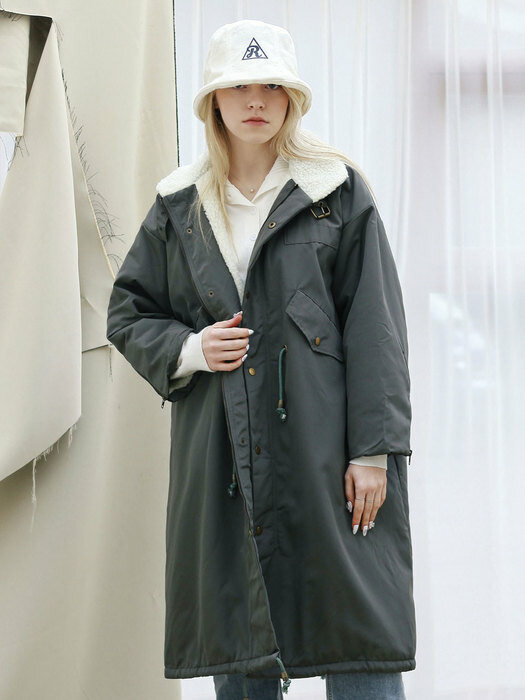 Over-fit fleece string long field coat
