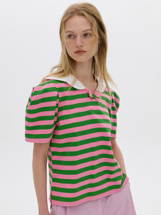 레이스 카라 퍼프 슬리브 티셔츠 핑크 (AETS3E014P2)