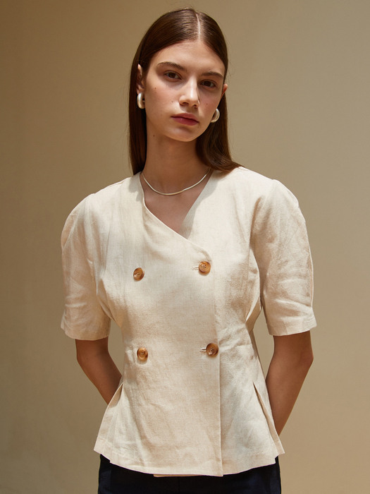 amr1415 v-neck linen double blouse (natural)