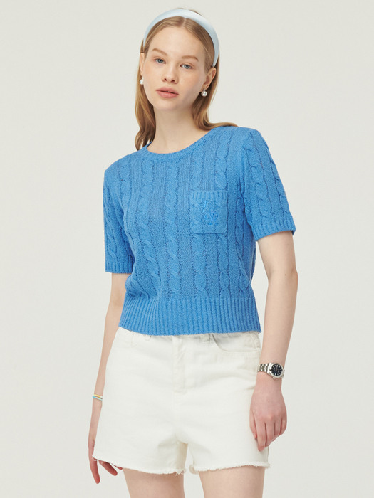 Cable Poket Half Sleeve Knit [blue]