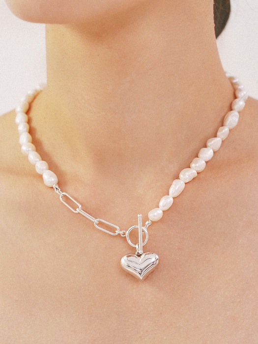 [PEARL&DRAPE] Silver Big pearl heart N