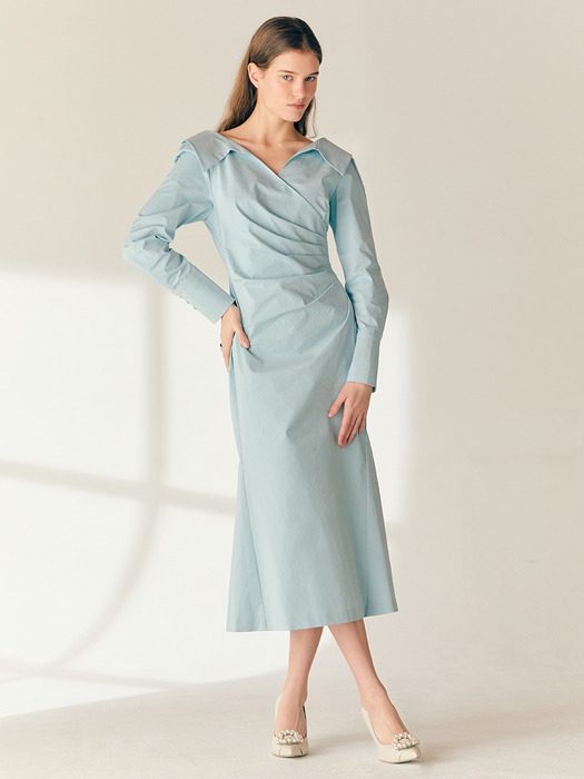 DELLA V-neck shirred shirt dress (Cream/Deep navy/Minty blue)