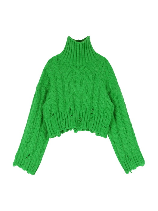 [22FW] High Neck Cable Crop Pullover - Green