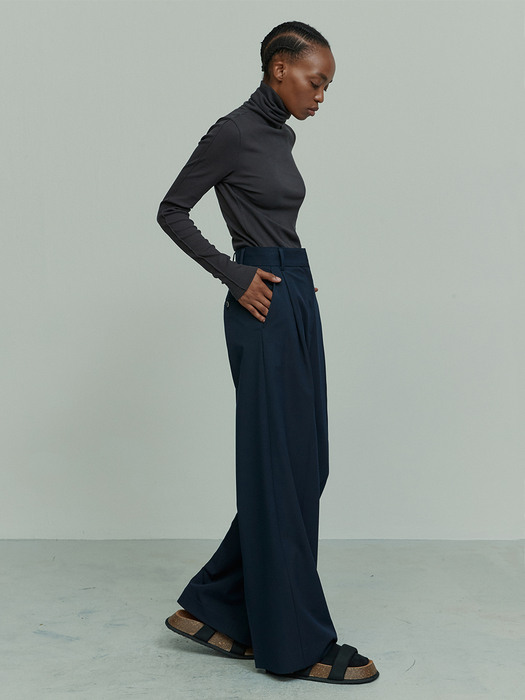 2COLORS PLEATED WIDE LEG TROUSERS NAVY