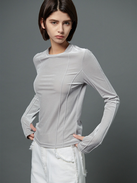 Pin-tuck velvet long sleeve T-shirt - Gray