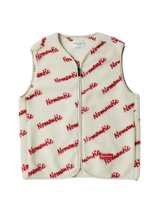 NOMANTIC LETTERING JACQUARD ECO FUR ZIP-UP VEST IVORY