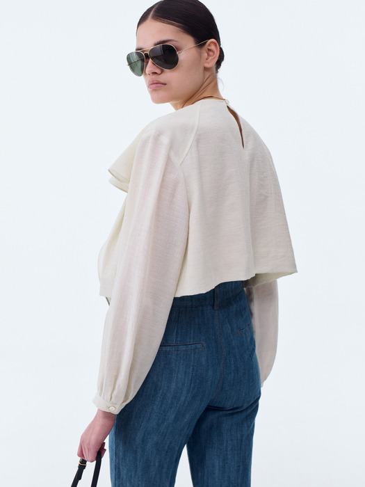 SHOULDER SCARF LAYER CROP BLOUSE (IVORY)