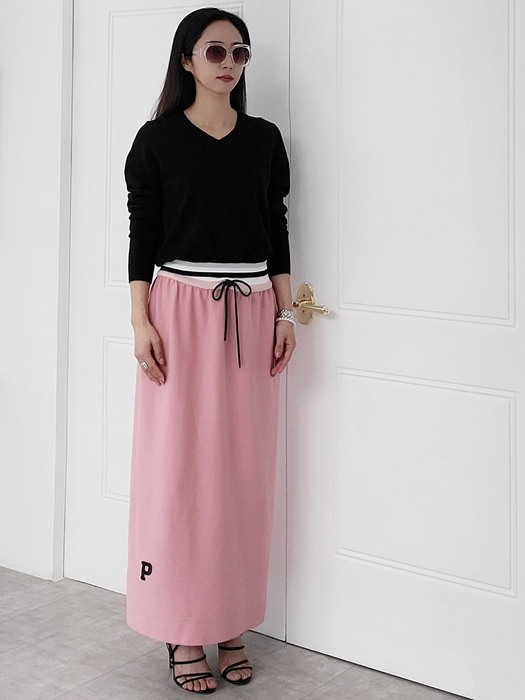 맥시니트스커트-로즈핑크 Silver rib banding Knit maxi skirt-Rose pink