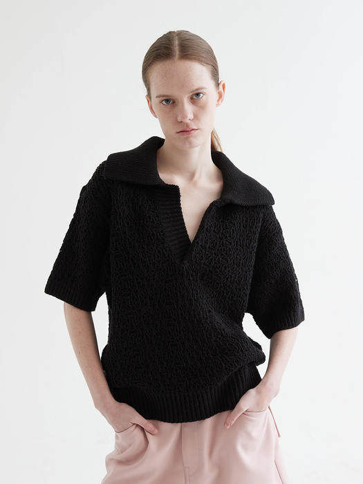 [UNISEX] Open Collar Knit Sweater Black