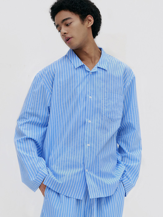 Stay Stripe Pajamas Long Sleeve Shirts - Light Blue