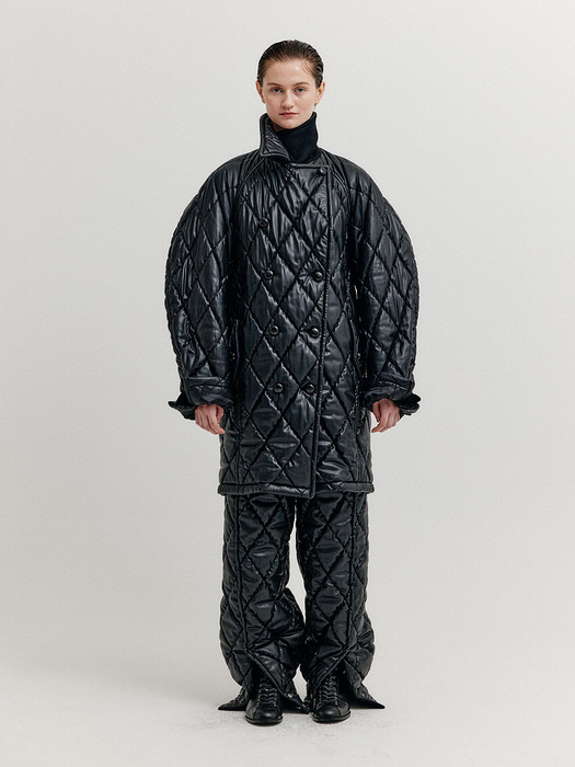 XASE Oversized Quilted Pea Coat - Black