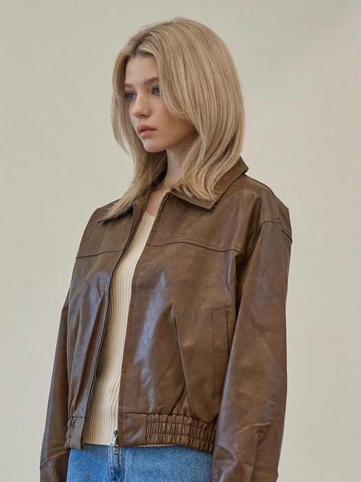 Zip-up Leather Jacket_Brown