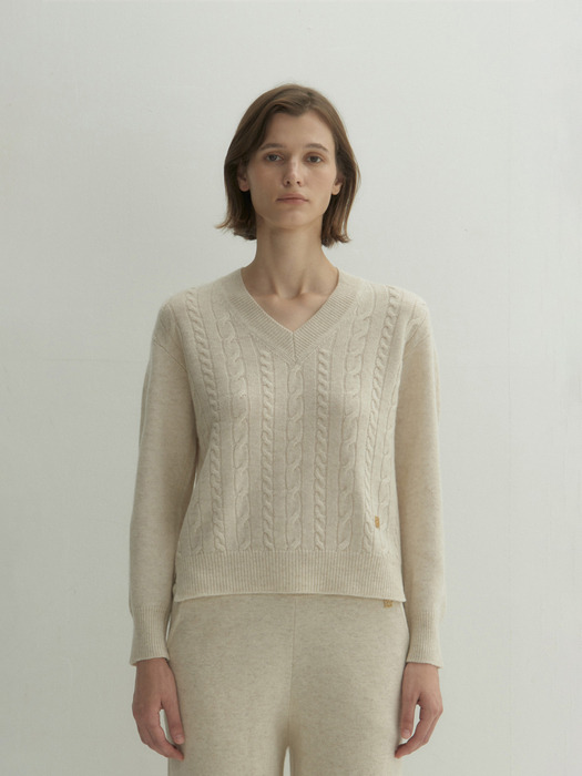 Cashmere 100% Sara Cable Pullover (Custard Ivory)