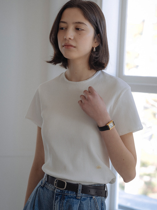 Lace detail ribbed jersey t-shirt_White