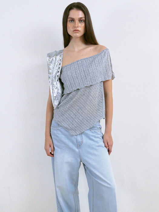 RIBBED OFF-SHOULDER TOP, SILVER GRAY