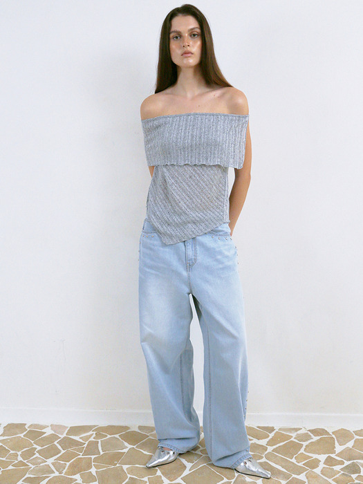 RIBBED OFF-SHOULDER TOP, SILVER GRAY