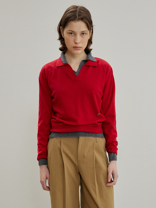 Spread-collar Knit Top, Red