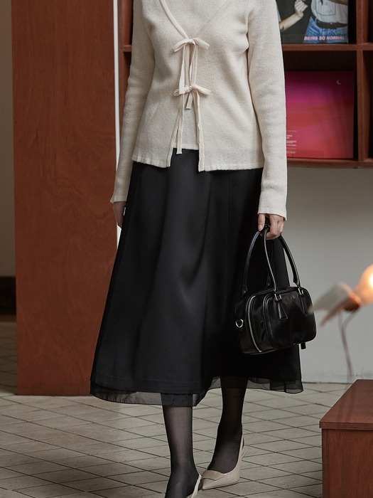 Sheer patch satin flare skirt - Black