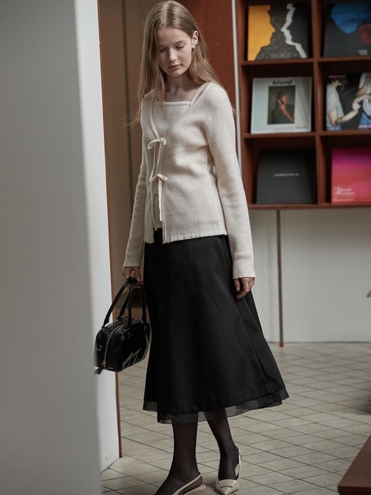 Sheer patch satin flare skirt - Black