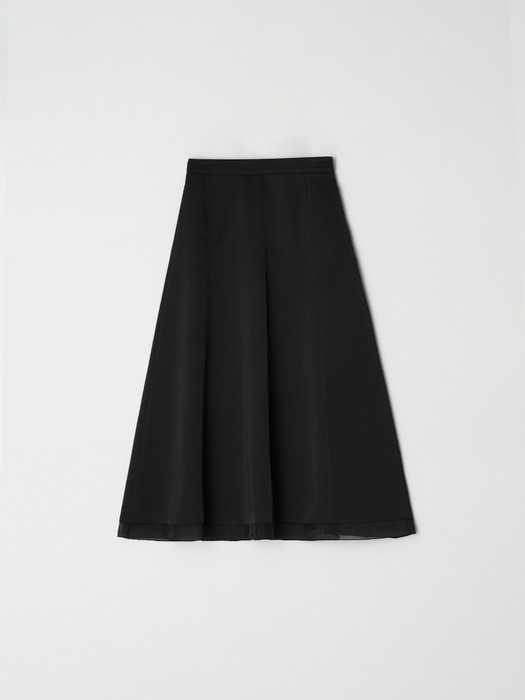 Sheer patch satin flare skirt - Black