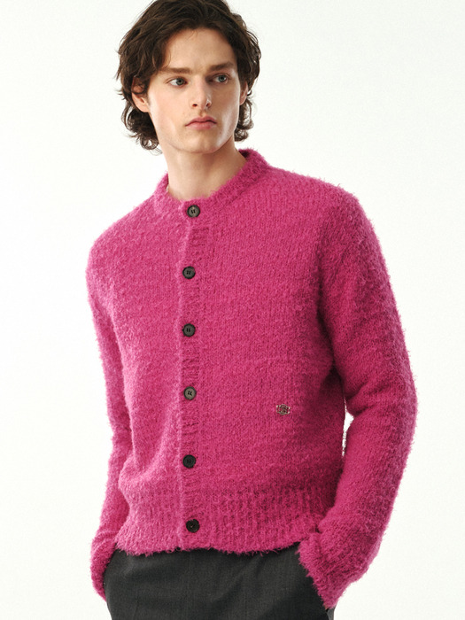 UNISEX, Hairy Round Knit Cardigan / Magenta