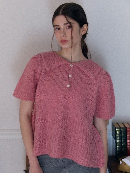 wool button collar puff knit_pink