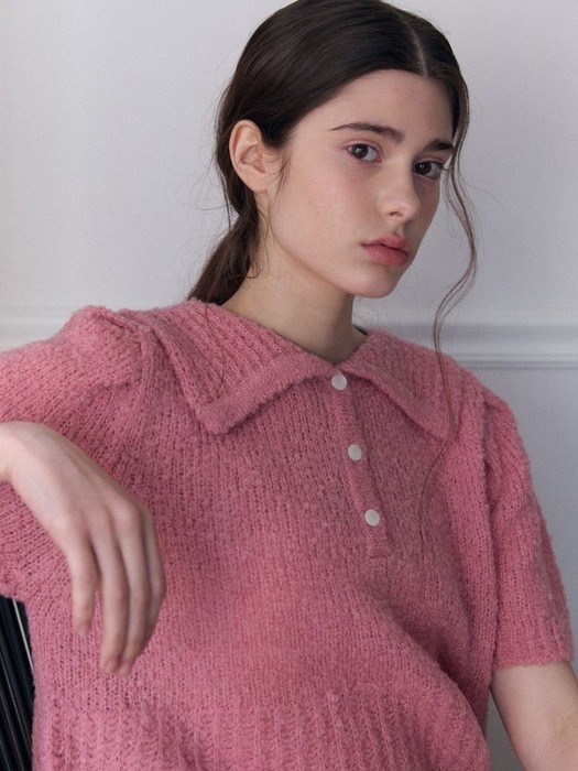 wool button collar puff knit_pink