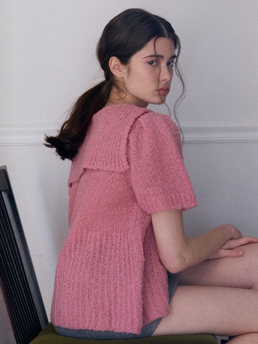 wool button collar puff knit_pink