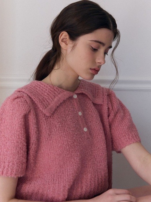 wool button collar puff knit_pink