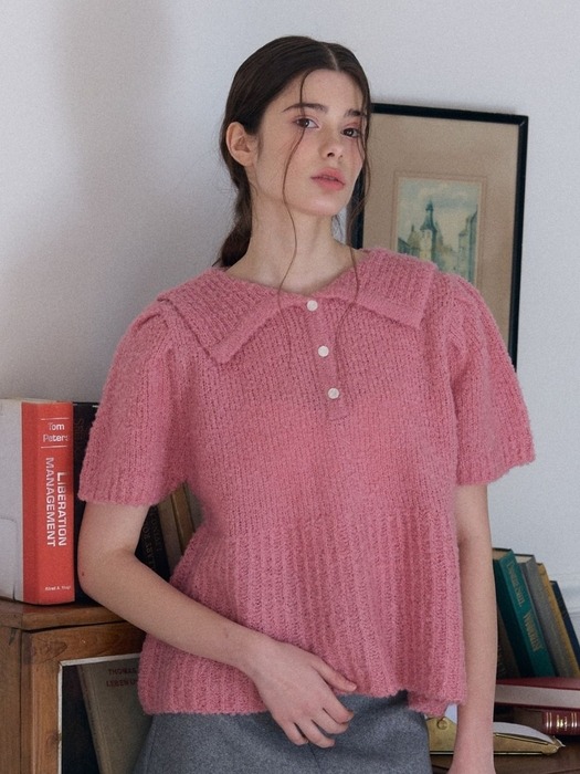 wool button collar puff knit_pink