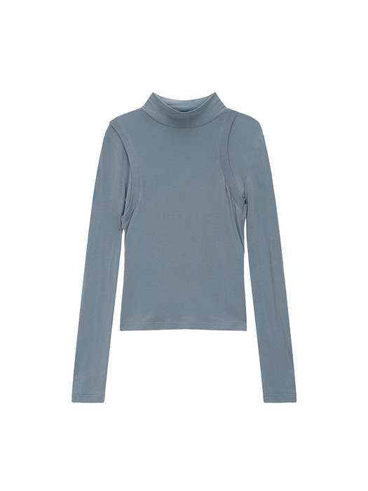 RIB LAYERED HALF NECK LONG SLEEVE TOP IN BLUE